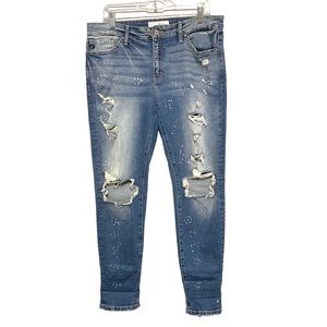 KanCan High Rise Ripped Boyfriend Mom Jean Paint Splatter Stretch Womens 11/29